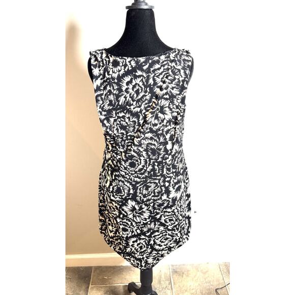 ANN TAYLOR Black Tan Floral Sleeveless Ruched A Line Dress Women’s Large - Picture 5 of 6